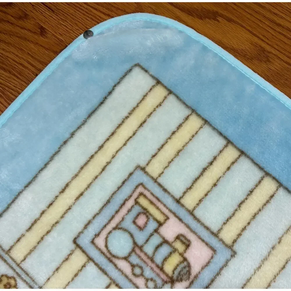 Casa Imports Baby Blanket Acrylic Plush Blue Pastel Bear Rocking Horse Spain VTG